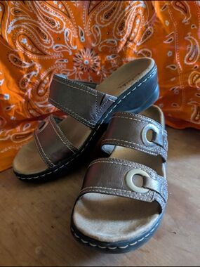 Clarks Brown Double-Strap Slide Sandals